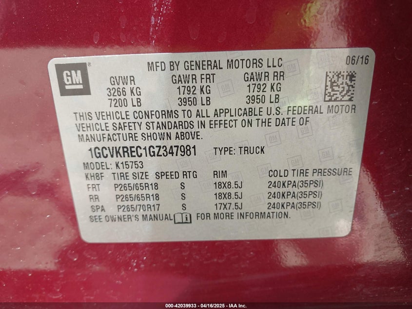2016 CHEVROLET SILVERADO VIN: 1GCVKREC1GZ347981
