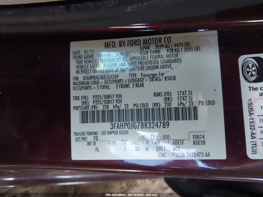 2011 FORD FUSION VIN: 3FAHP0JG7BR324789