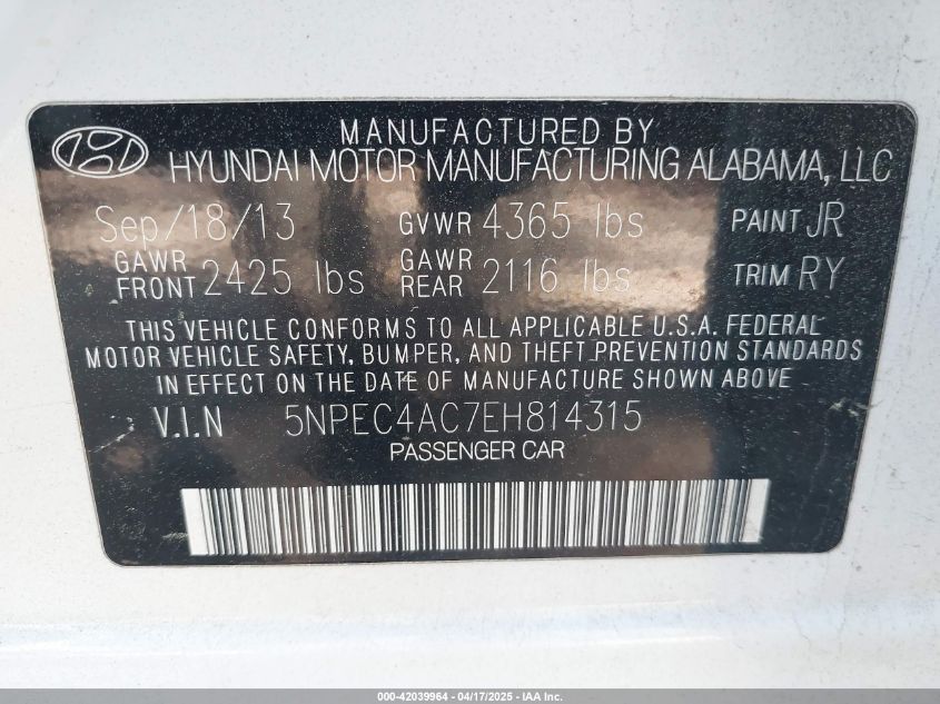 2014 Hyundai Sonata Limited VIN: 5NPEC4AC7EH814315 Lot: 42039964