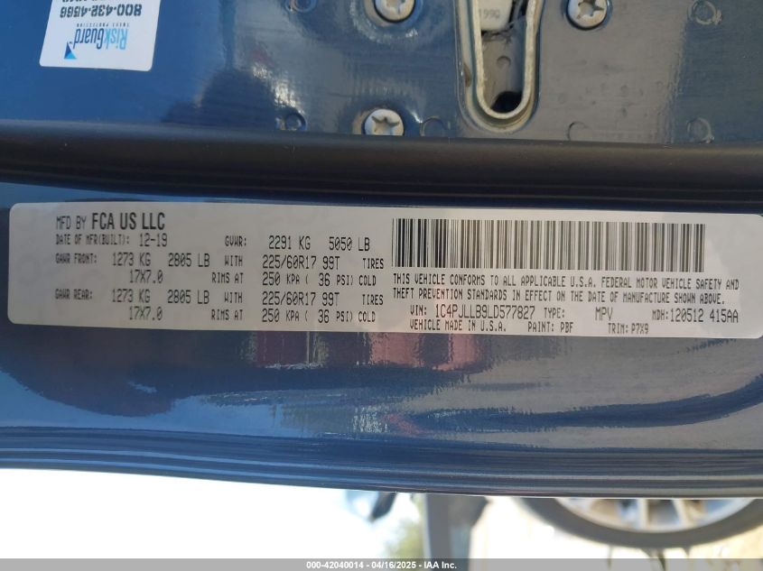 2020 Jeep Cherokee Latitude Plus Fwd VIN: 1C4PJLLB9LD577827 Lot: 42040014