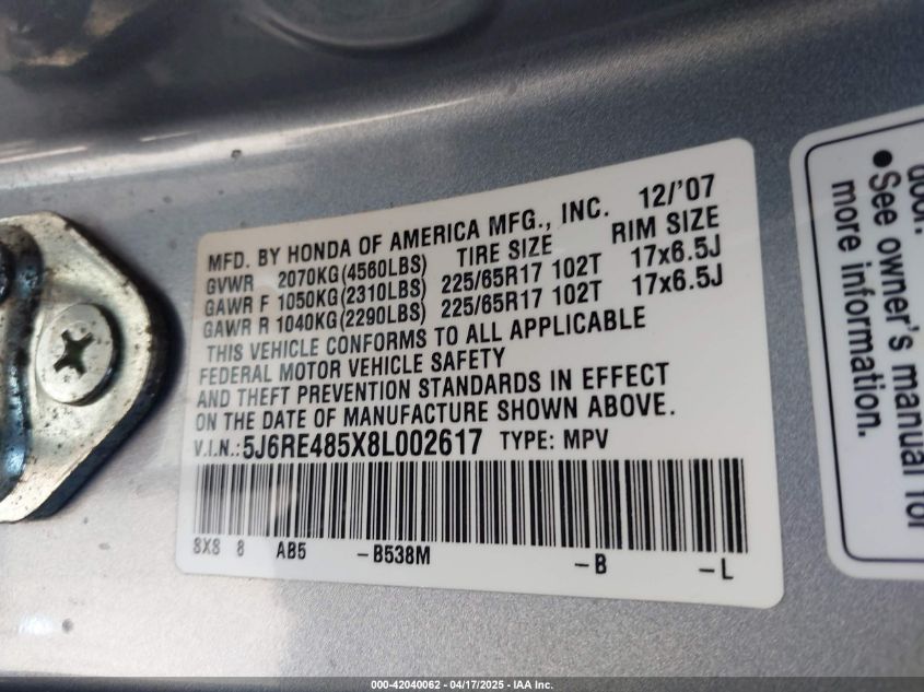 2008 Honda Cr-V Ex VIN: 5J6RE485X8L002617 Lot: 42040062