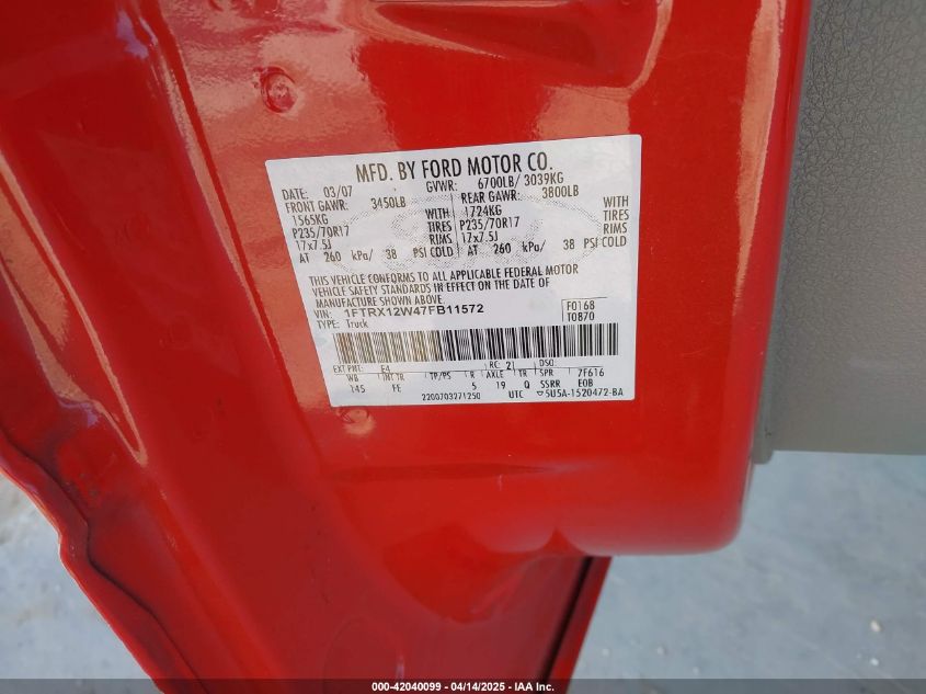 2007 Ford F-150 Stx/Xl/Xlt VIN: 1FTRX12W47FB11572 Lot: 42040099