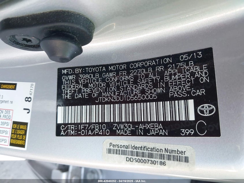 2013 TOYOTA PRIUS VIN: JTDKN3DU1D5650005