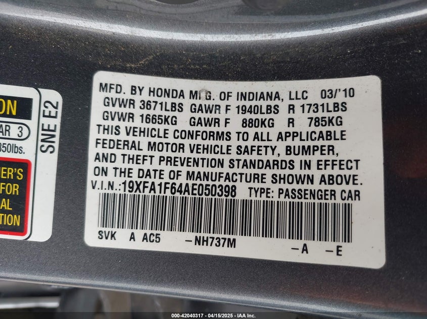 2010 HONDA CIVIC VIN: 19XFA1F64AE050398