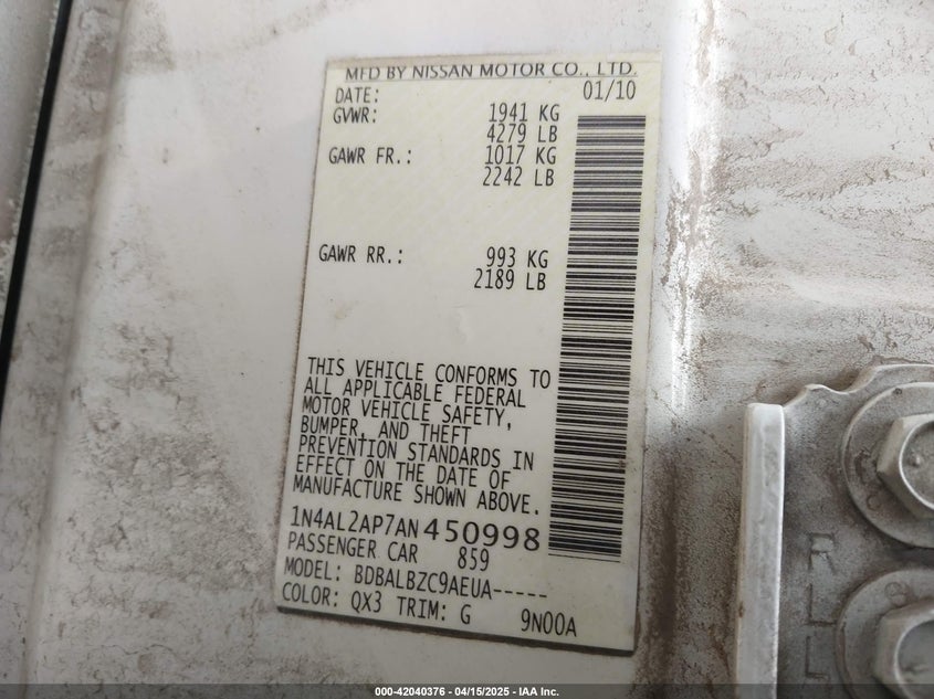 2010 NISSAN ALTIMA VIN: 1N4AL2AP7AN450998