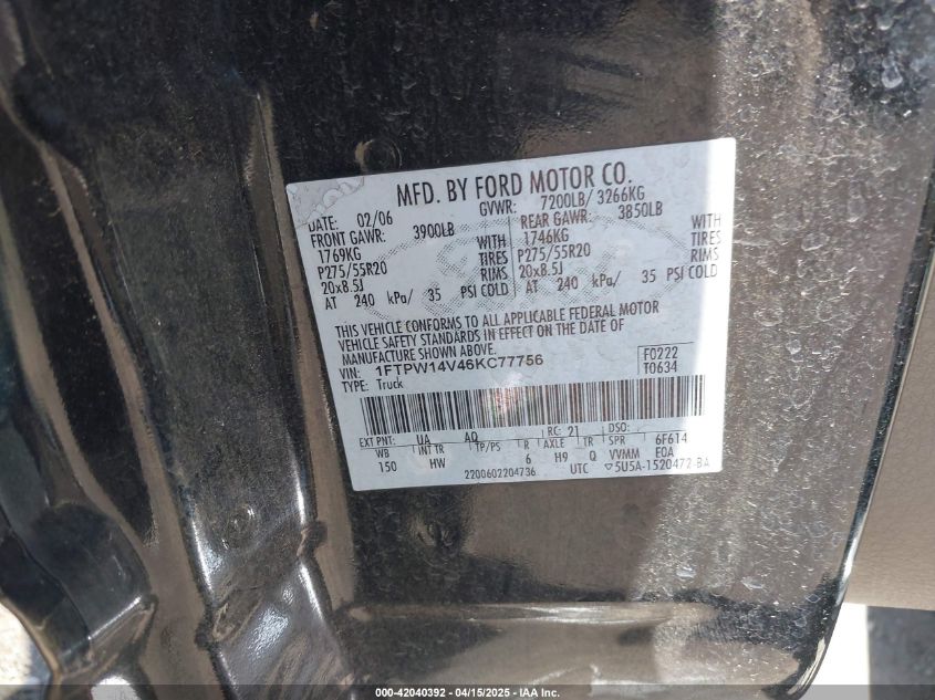 2006 Ford F-150 Fx4/Lariat/Xlt VIN: 1FTPW14V46KC77756 Lot: 42040392