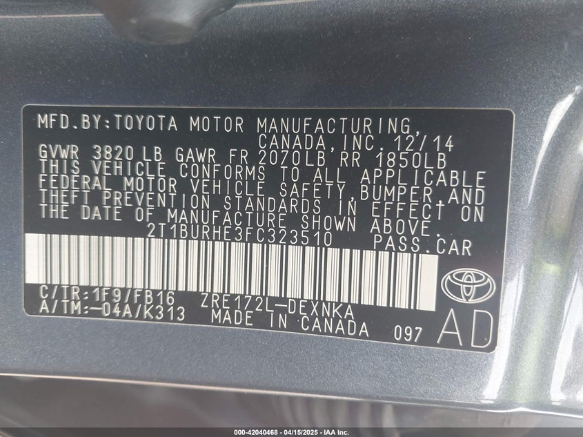 2015 TOYOTA COROLLA VIN: 2T1BURHE3FC323510