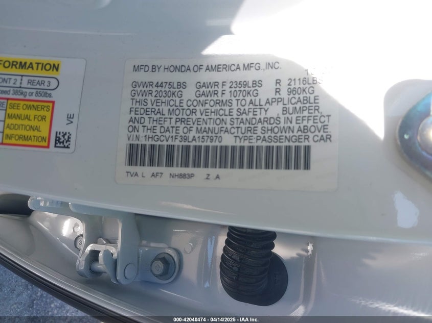 2020 HONDA ACCORD VIN: 1HGCV1F39LA157970