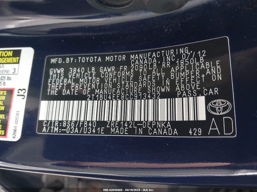 2012 TOYOTA COROLLA VIN: 2T1BU4EE8CC913432
