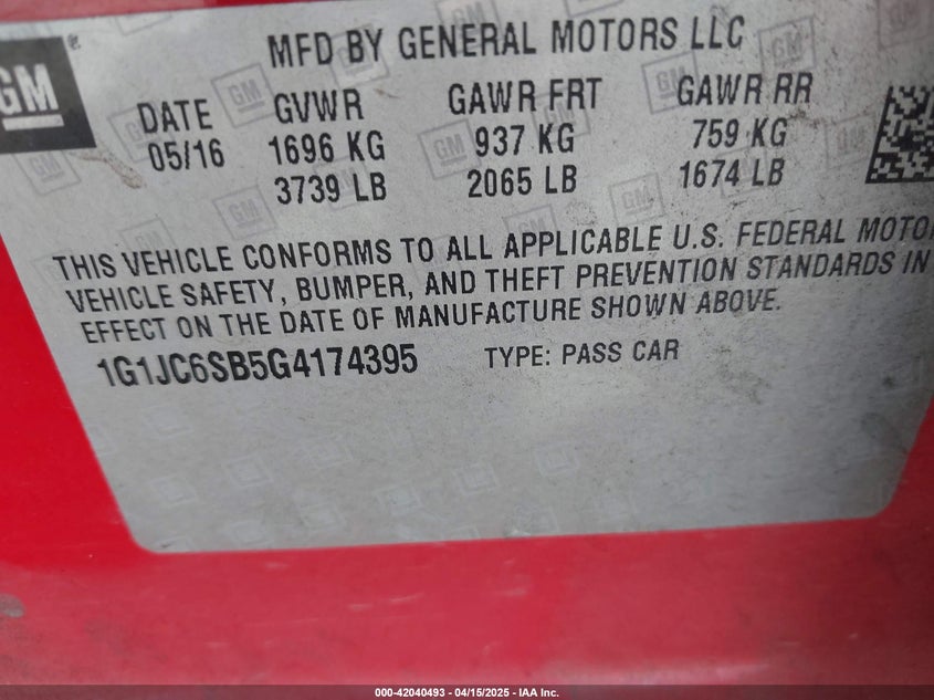 2016 CHEVROLET SONIC VIN: 1G1JC6SB5G4174395