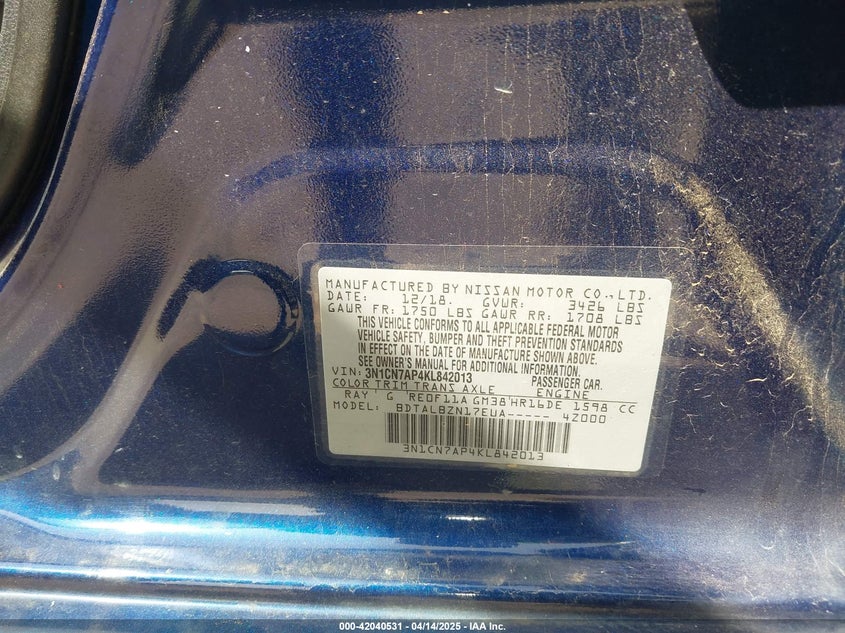 2019 NISSAN VERSA 1.6 SV - 3N1CN7AP4KL842013