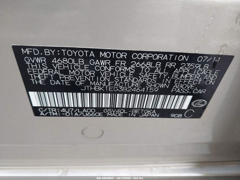 2011 Lexus Es 350 VIN: JTHBK1EG3B2464159 Lot: 42040651