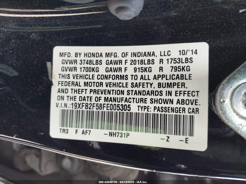 2015 HONDA CIVIC VIN: 19XFB2F58FE005305