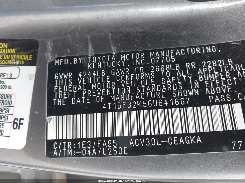 2006 TOYOTA CAMRY VIN: 4T1BE32K56U641667