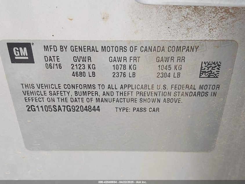 2016 Chevrolet Impala 1Lt VIN: 2G1105SA7G9204844 Lot: 42040854