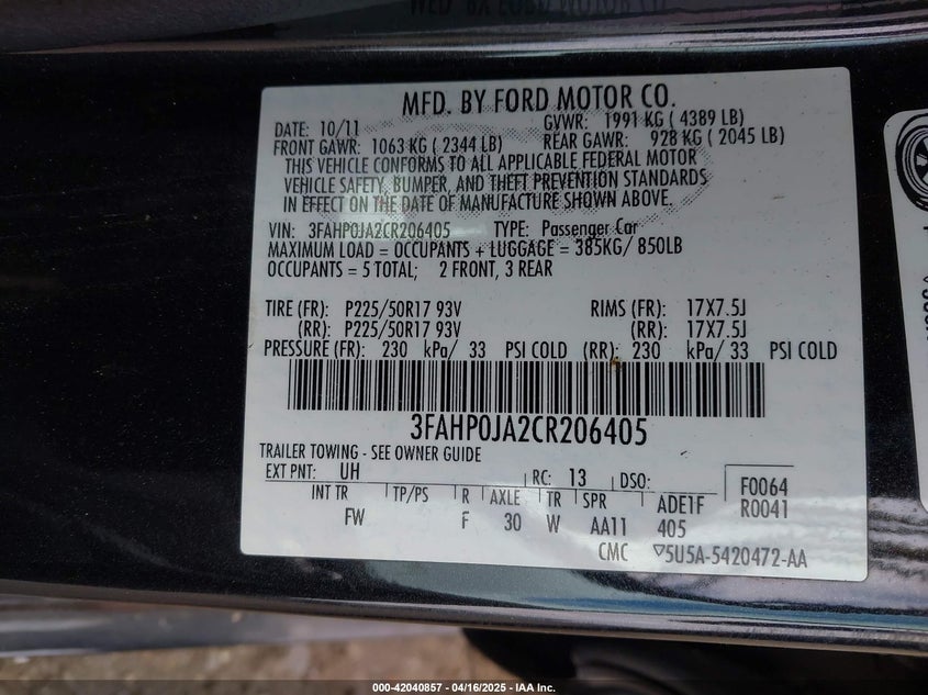 2012 FORD FUSION VIN: 3FAHP0JA2CR206405