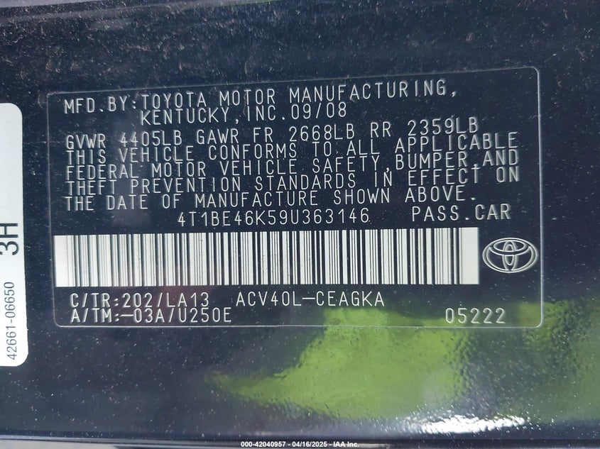 2009 TOYOTA CAMRY VIN: 4T1BE46K59U363146