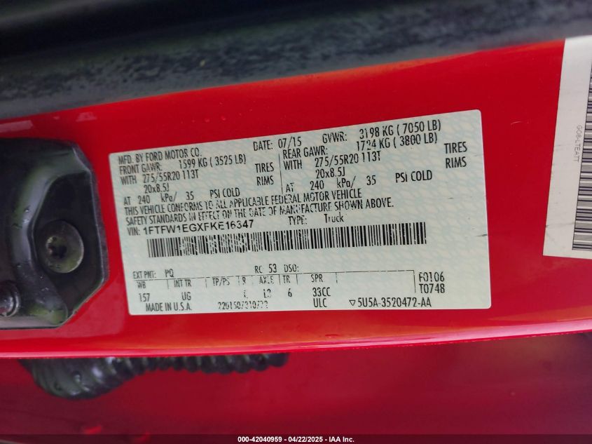 2015 Ford F150 VIN: 1FTFWIE6XFKE16347 Lot: 42040959