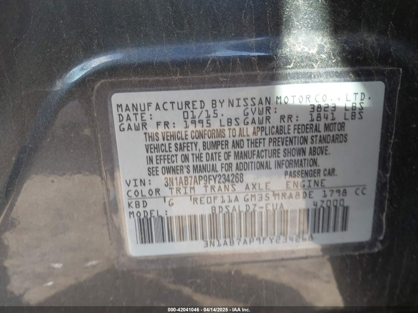 2015 NISSAN SENTRA VIN: 3N1AB7AP9FY234268