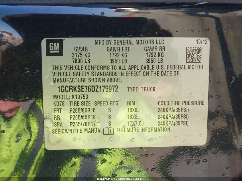 2013 CHEVROLET SILVERADO 1500 VIN: 1GCRKSE76DZ175972