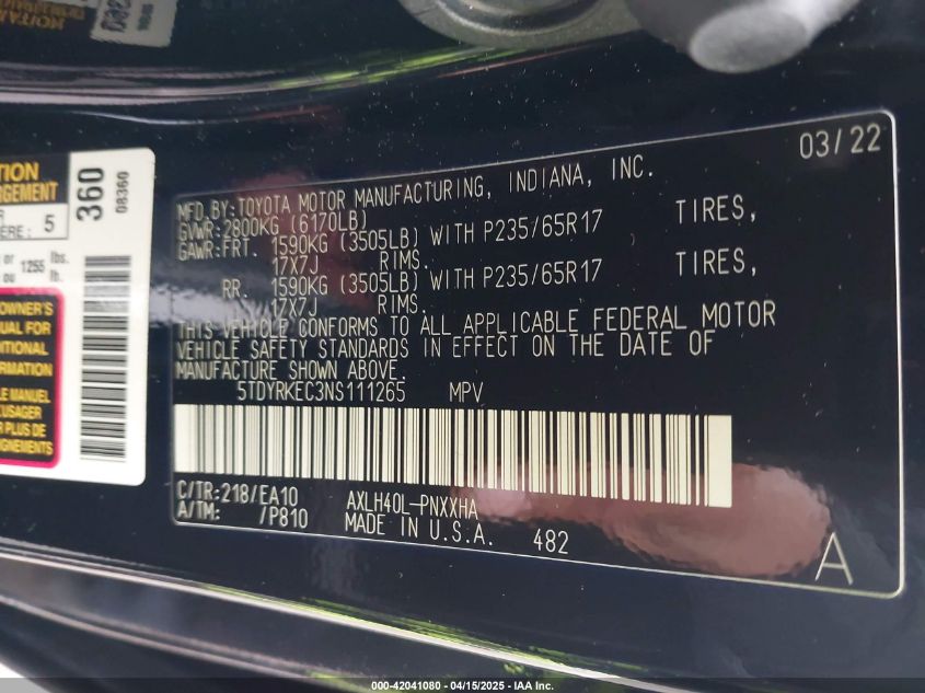 2022 Toyota Sienna Xle VIN: 5TDYRKEC3NS111265 Lot: 42041080