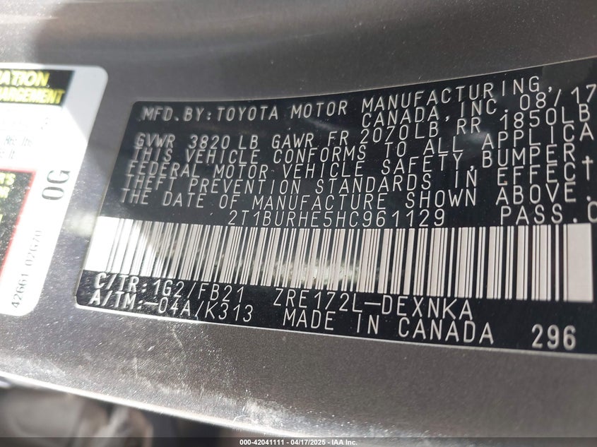 2017 TOYOTA COROLLA VIN: 2T1BURHE5HC961129