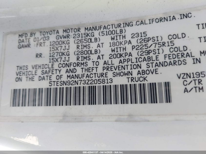 2003 Toyota Tacoma Prerunner V6 VIN: 5TESN92N73Z205813 Lot: 42041137