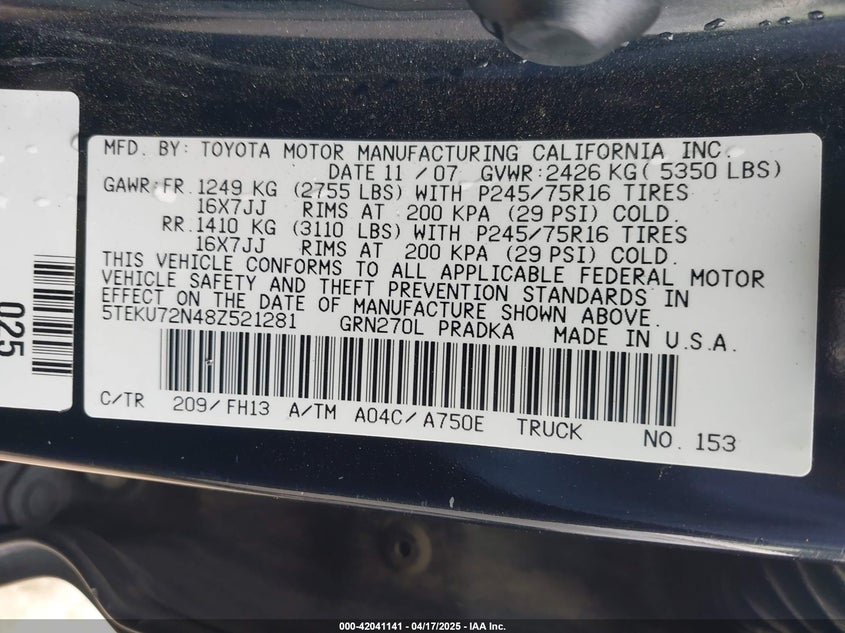 2008 TOYOTA TACOMA VIN: 5TEKU72N48Z521281