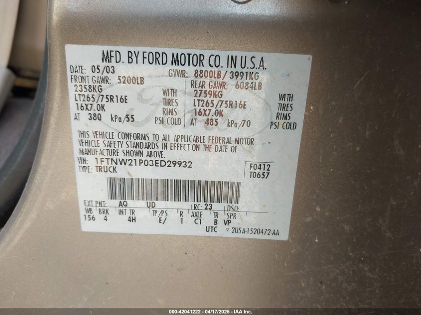 2003 Ford F-250 Lariat/Xl/Xlt VIN: 1FTNW21P03ED29932 Lot: 42041222
