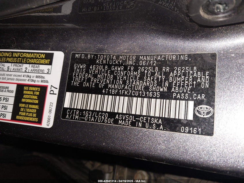 2012 TOYOTA CAMRY VIN: 4T1BF1FK7CU131635