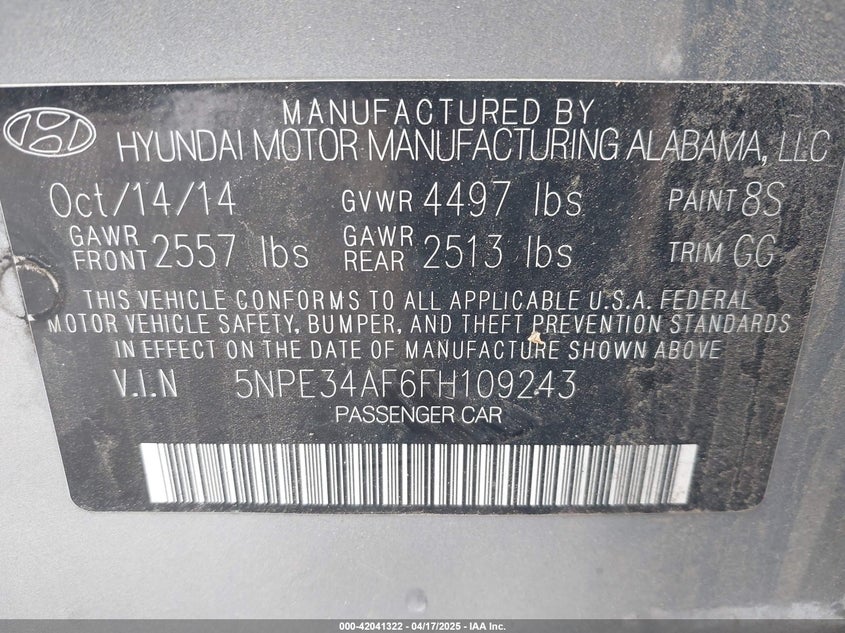 2015 HYUNDAI SONATA VIN: 5NPE34AF6FH109243