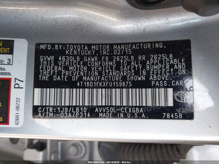 2015 TOYOTA CAMRY HYBRID VIN: 4T1BD1FKXFU159875