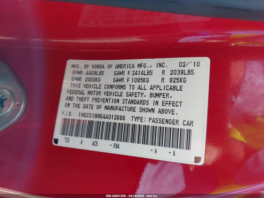 2010 HONDA ACCORD VIN: 1HGCS1B86AA012666