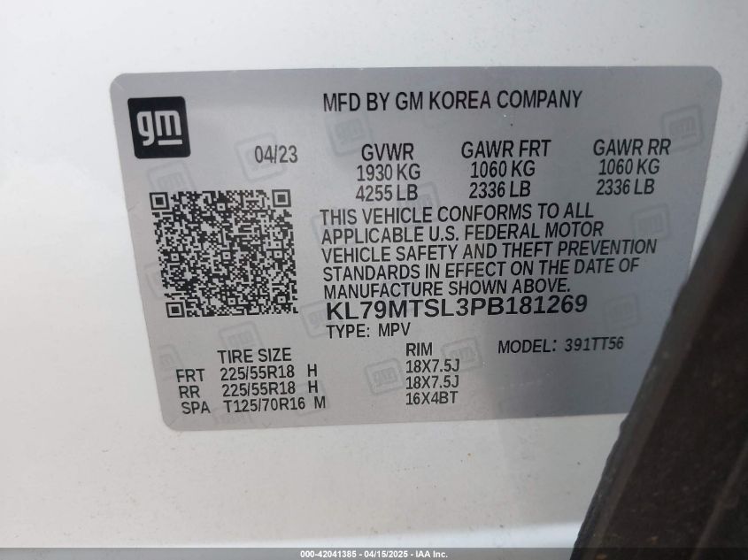 2023 Chevrolet Trailblazer Fwd Rs VIN: KL79MTSL3PB181269 Lot: 42041385
