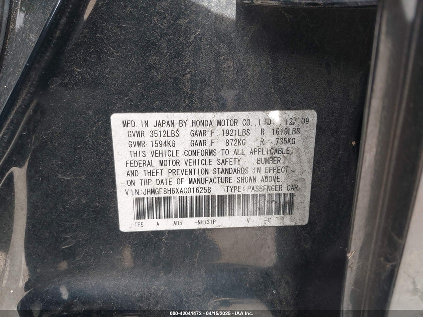 2010 HONDA FIT VIN: JHMGE8H6XAC016258