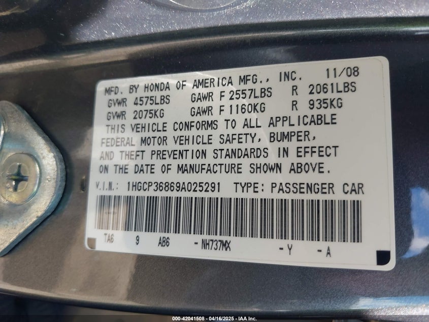 2009 HONDA ACCORD VIN: 1HGCP36869A025291