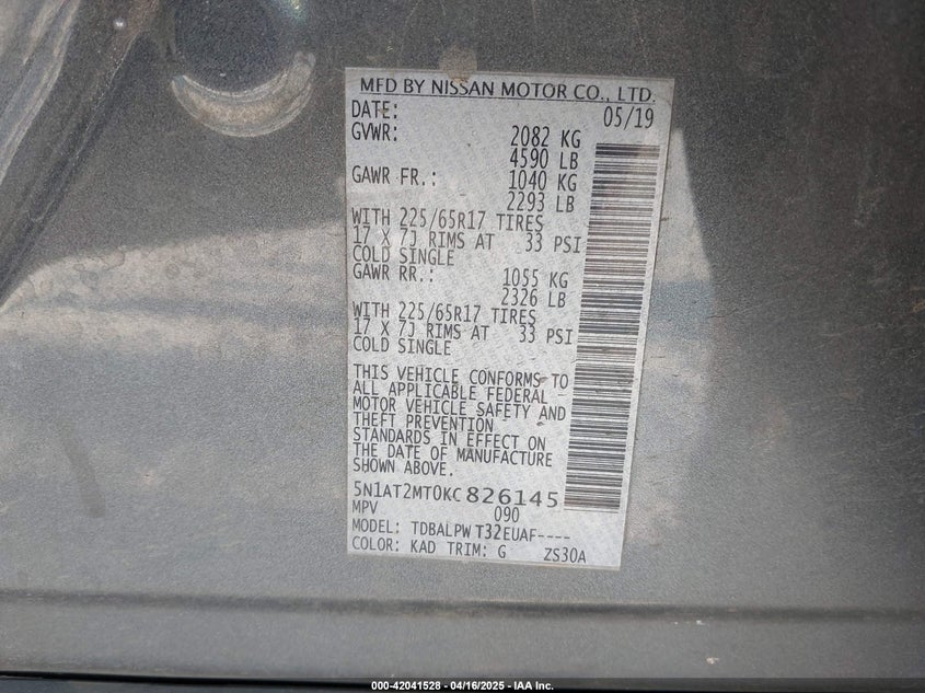 VIN 5N1AT2MT0KC826145 2019 NISSAN ROGUE S