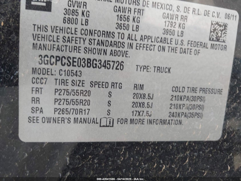 2011 CHEVROLET SILVERADO 1500 VIN: 3GCPCSE03BG345726