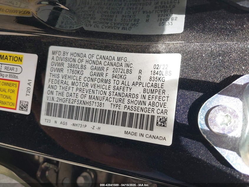 2022 HONDA CIVIC VIN: 2HGFE2F5XNH571381