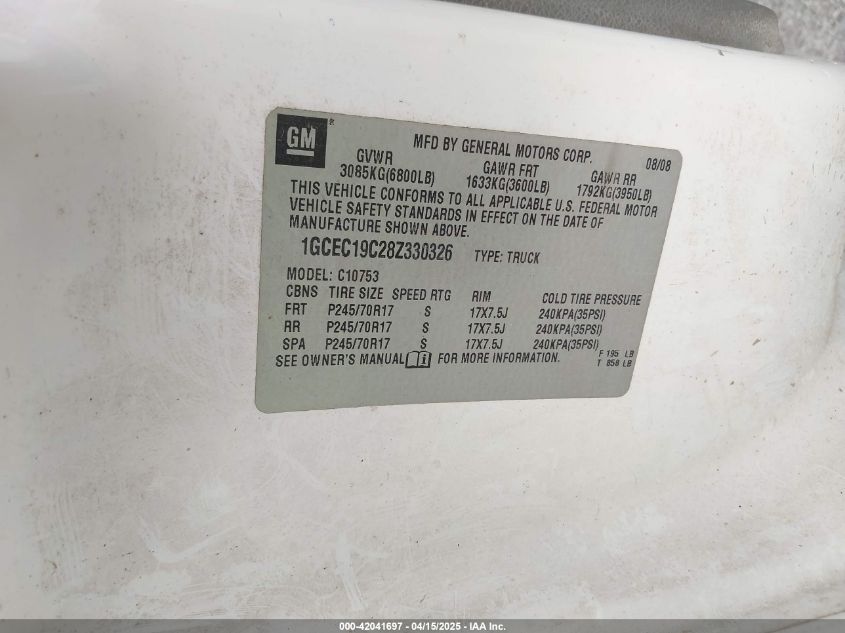 2008 Chevrolet Silverado 1500 Work Truck VIN: 1GCEC19C28Z330326 Lot: 42041697