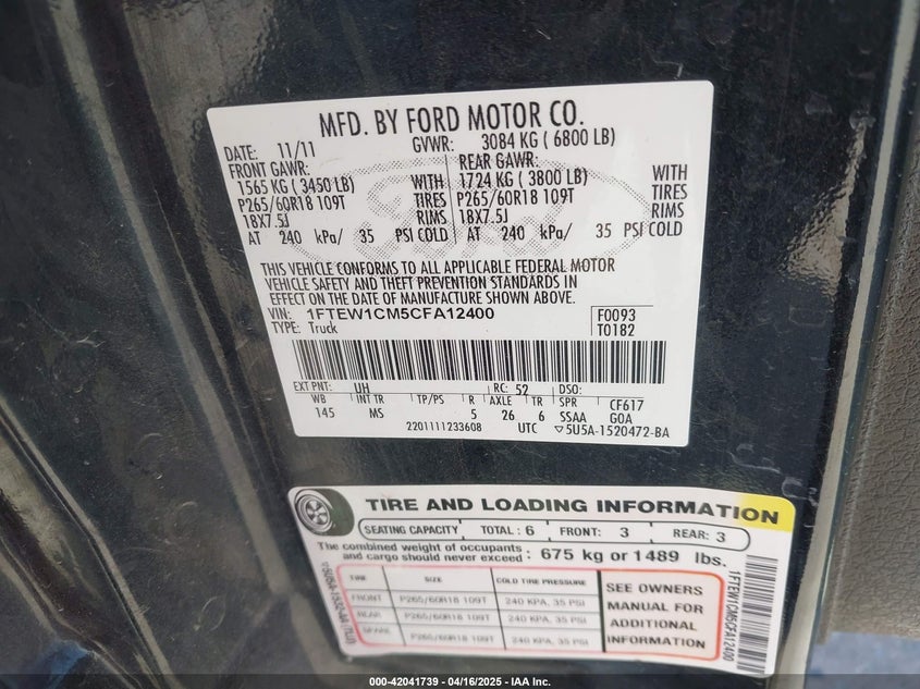 2012 FORD F-150 VIN: 1FTEW1CM5CFA12400