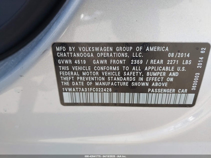 2015 VOLKSWAGEN PASSAT VIN: 1VWAT7A31FC022428