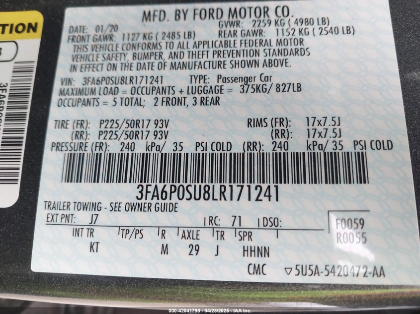 3FA6P0SU8LR171241 2020 FORD FUSION photo no. 9