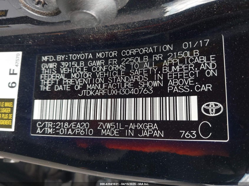 2017 TOYOTA PRIUS VIN: JTDKARFUXH3040763
