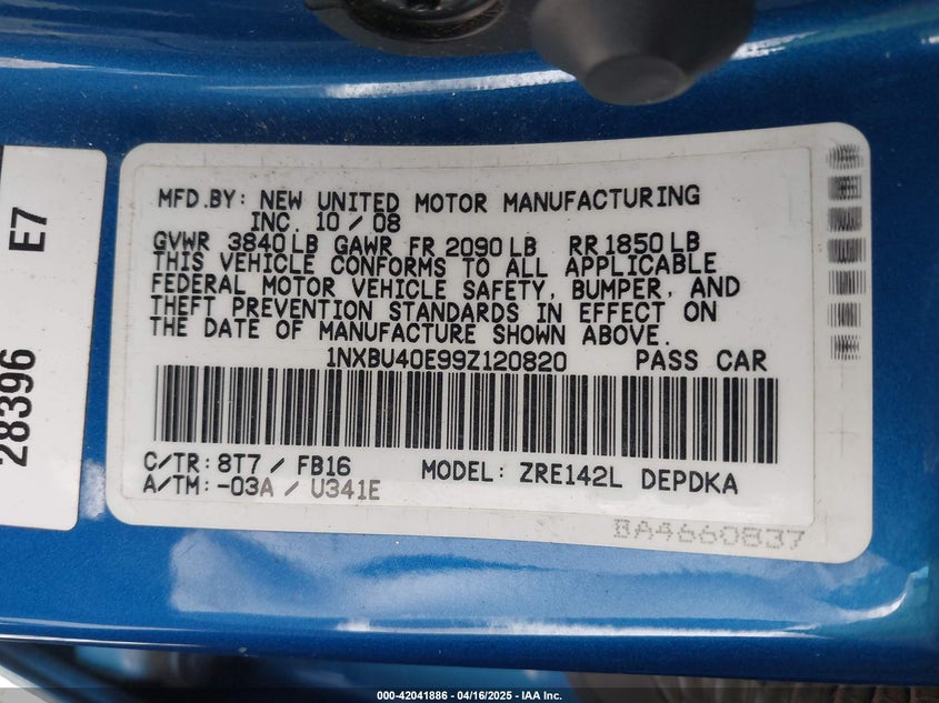 2009 TOYOTA COROLLA VIN: 1NXBU40E99Z120820
