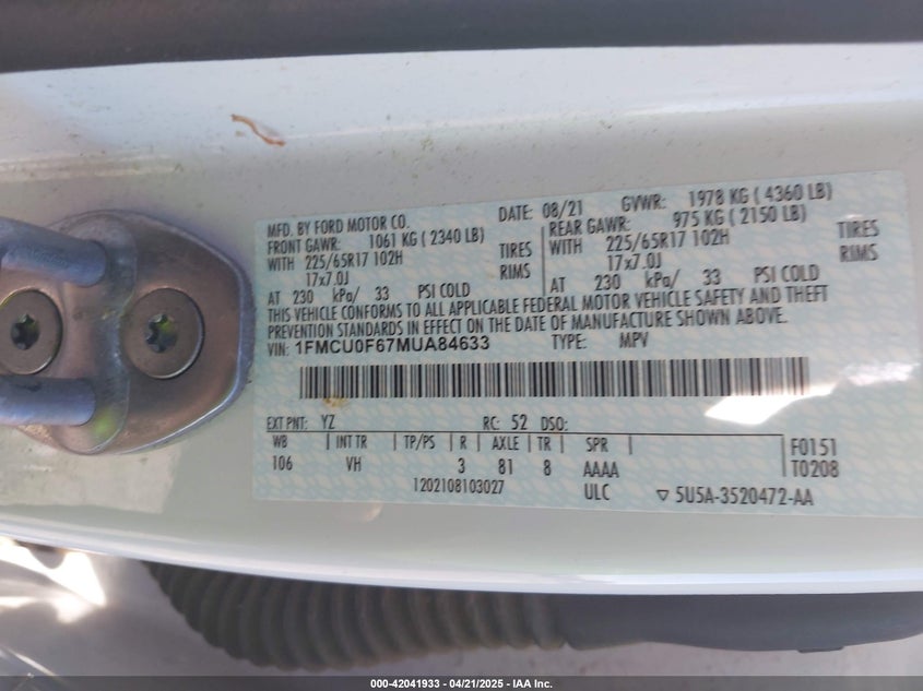 2021 FORD ESCAPE VIN: 1FMCU0F67MUA84633