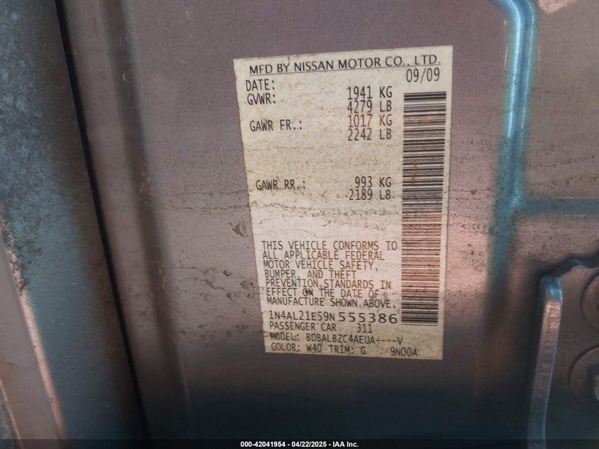 2009 NISSAN ALTIMA VIN: 1N4AL21E59N555386