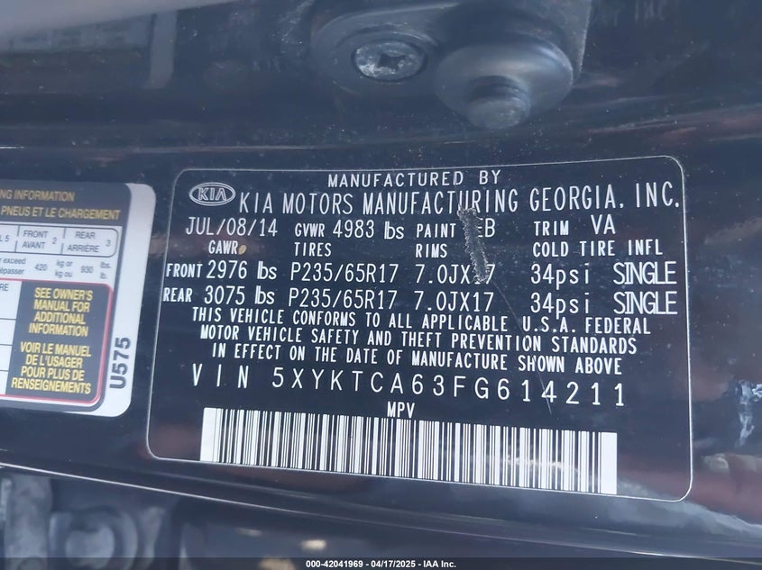 2015 Kia Sorento Lx VIN: 5XYKTCA63FG614211 Lot: 42041969