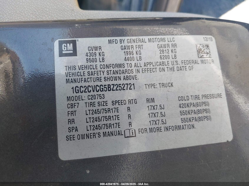 2011 CHEVROLET SILVERADO 2500HD VIN: 1GC2CVCG5BZ252721