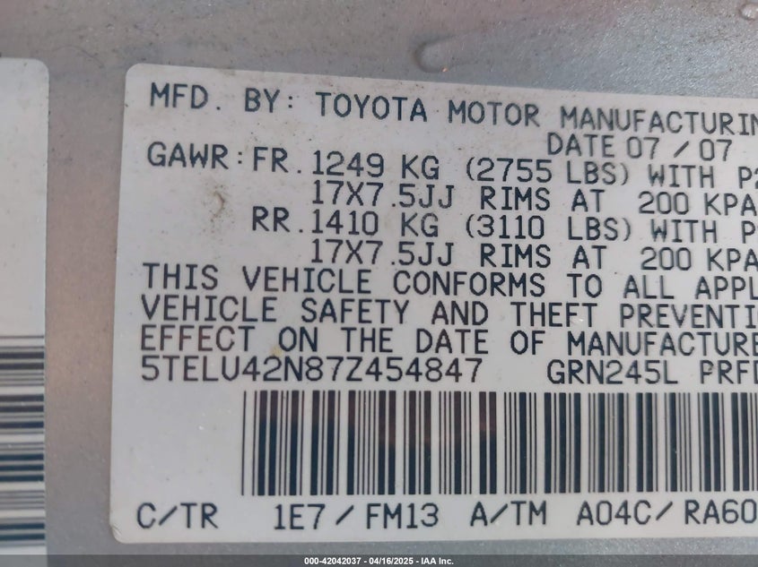 2007 TOYOTA TACOMA VIN: 5TELU42N87Z454847